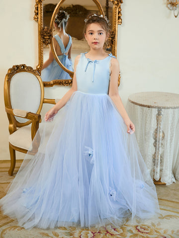Vestido de niña de las flores azul con cola de tul estilo princesa/baila de baile 