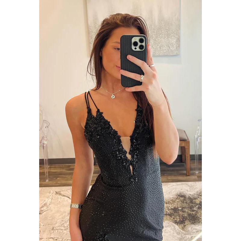 Vestido de noche para fiesta de graduación, sexy y atractivo, con tirantes, escote en V, espalda cruzada y abertura lateral