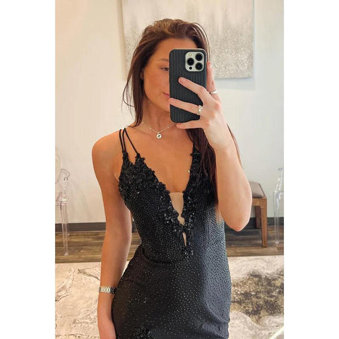 Robe de soirée sexy et tendance, col en V, dos croisé, fourreau, fente latérale