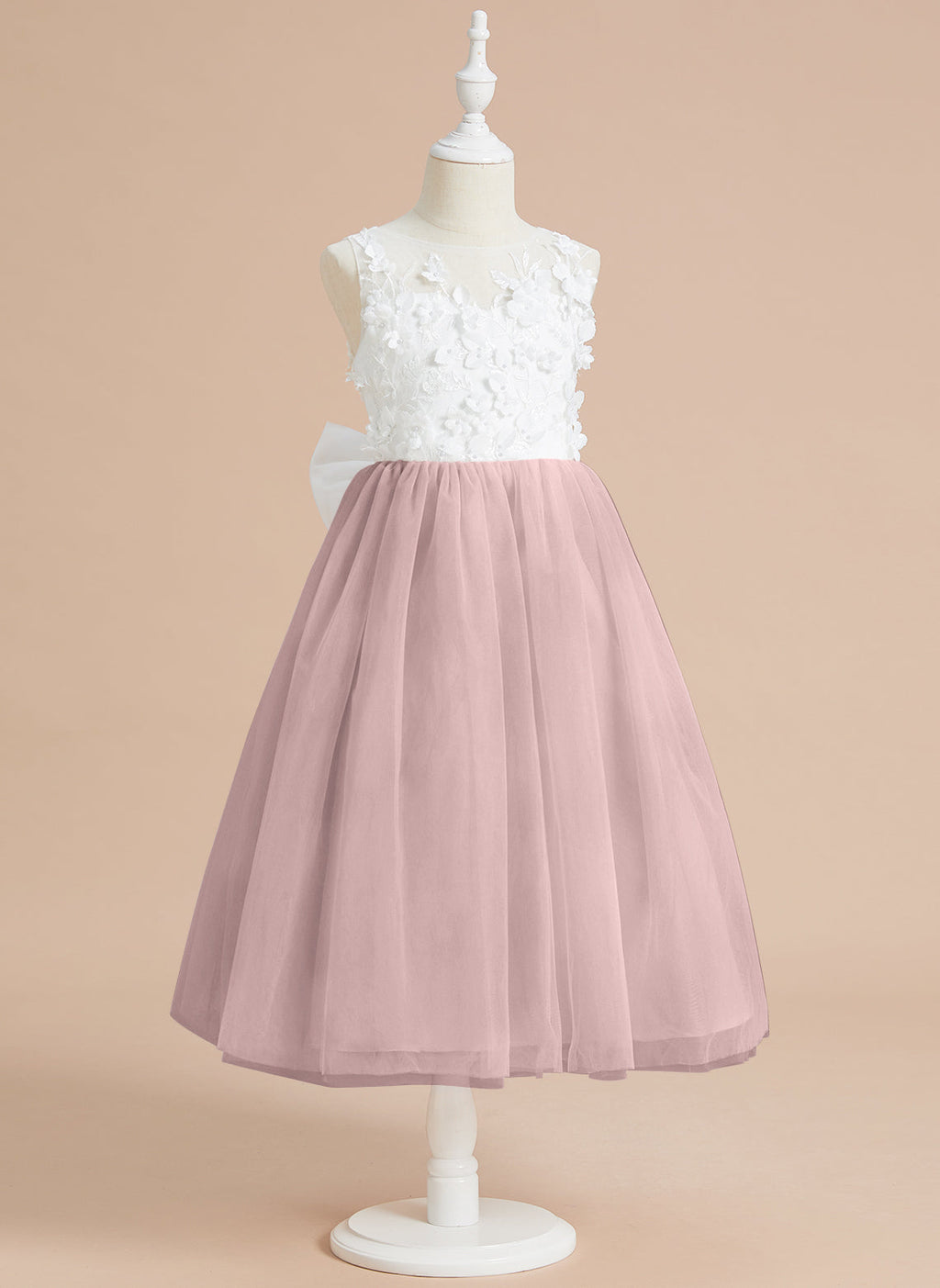 Vestido midi de encaje floral y lazo grande 