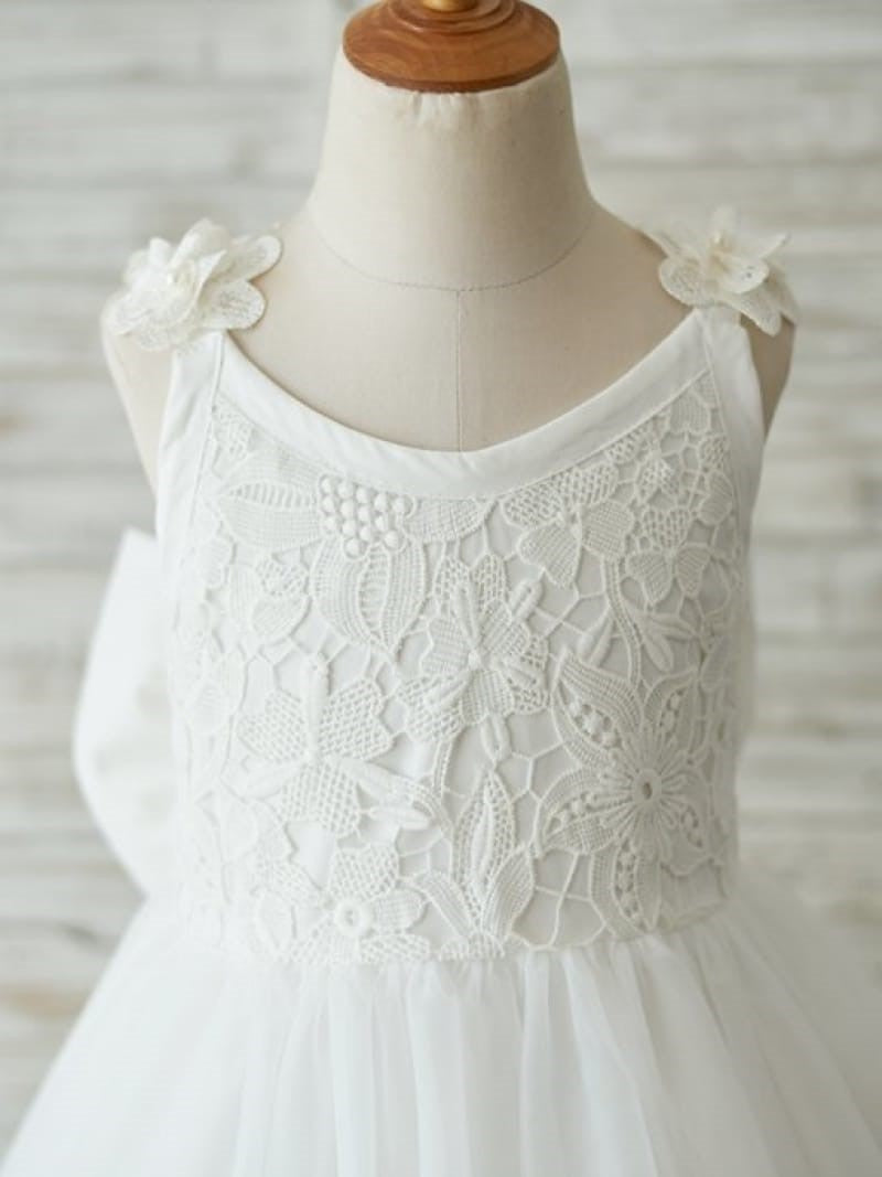Vestido de niña de las flores en 3D de tul y encaje hasta la rodilla 