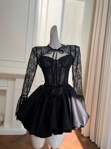 Sexy Black Lace Satin A Line Homecoming Dress Short Prom Dress Y8590