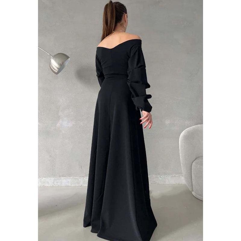 Robe de bal longue simple, coupe trapèze, col en V, épaules dénudées, manches bouffantes 
