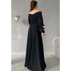 Robe de bal longue simple, coupe trapèze, col en V, épaules dénudées, manches bouffantes 