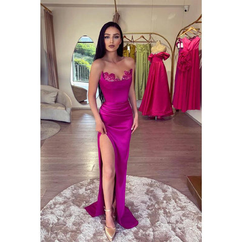 Robe de bal longue fourreau sexy en satin à col en V et fente