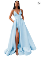 Robe de bal longue en satin à col en V fendu, bretelles spaghetti et poches S14431 
