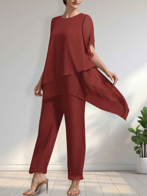 Vestido de gasa de dos piezas para la madre de la novia: mono/traje pantalón con escote redondo y largo hasta el tobillo.