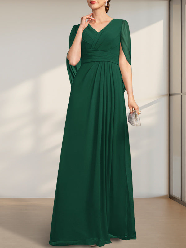 Vestido de gasa de corte A, escote en V y largo hasta el suelo para la madre de la novia, con pliegues