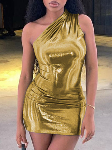 Vestidos de noche ajustados, asimétricos, brillantes, de color liso, con abertura en la entrepierna y un solo hombro. 