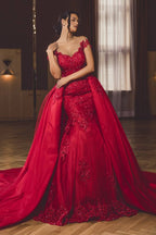 Off-the-Shoulder Prom Dress Lace Appliques With Overskirt