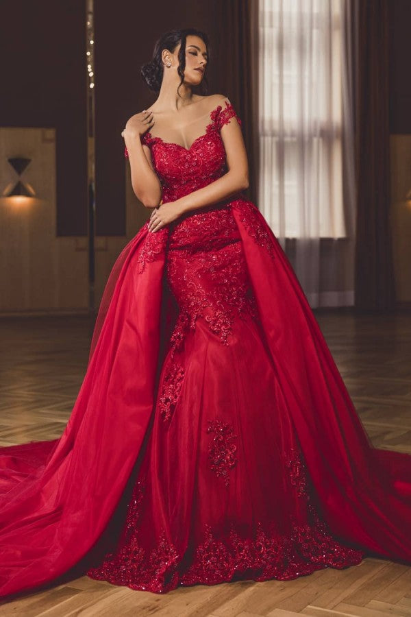 Off-the-Shoulder Prom Dress Lace Appliques With Overskirt