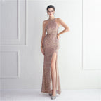 Heavy Industry Micro Glass Bead Craft Beaded Cocktail Evening Dress Elegant Long Halter Split Sequ
