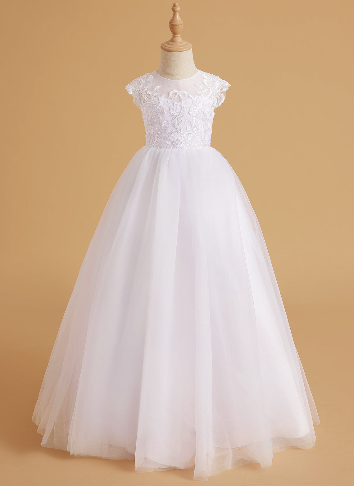 Vestido rosa de niña de las flores, corte en A, encaje, tul y cola corta 