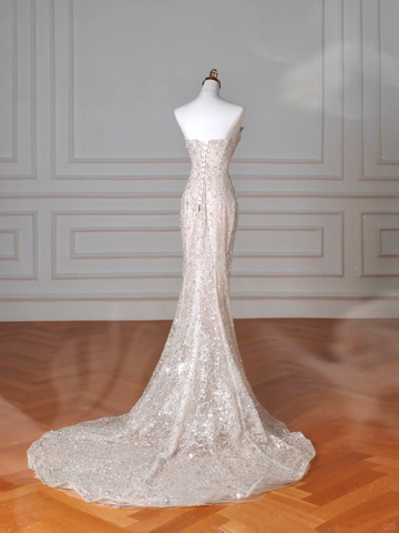 Vestido de noche largo de sirena con lentejuelas y tul sin tirantes brillante Y8616