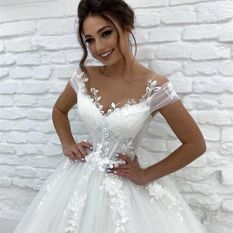 Princess Lace Tulle A Line Wedding Dress Sweetheart Cap Sleeve 3D Appliques Boho Bridal Gowns For Woman Button Vestidos De Novia