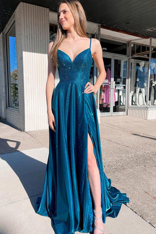 Robe de bal longue bleu paon à fines bretelles et fente sur le devant