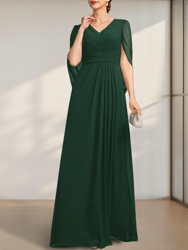 Vestido de gasa de corte A, escote en V y largo hasta el suelo para la madre de la novia, con pliegues