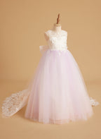 Vestido de niña de las flores sin mangas de encaje y tul con cuentas, estilo princesa de ensueño 
