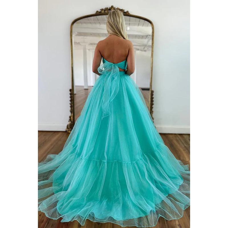 Vestido largo de corte A sin tirantes, de tul fruncido, para baile de bienvenida o corte de corte.