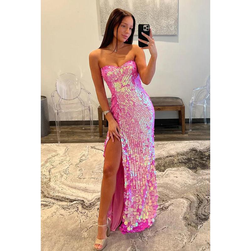 Robe de soirée glamour à paillettes, épaules dénudées, sans manches, fente latérale
