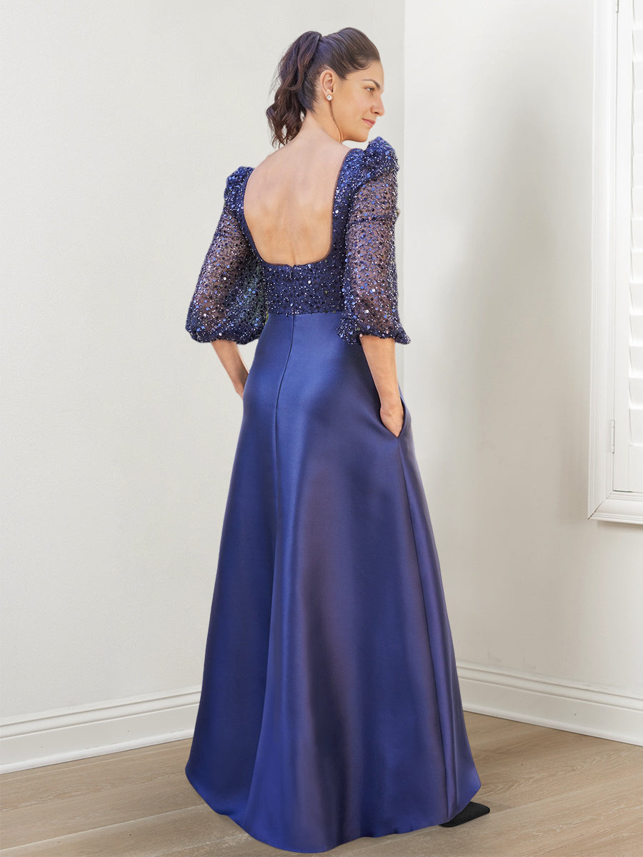 Vestidos de corte princesa/línea A para la madre de la novia con escote cuadrado, lentejuelas y bolsillos 