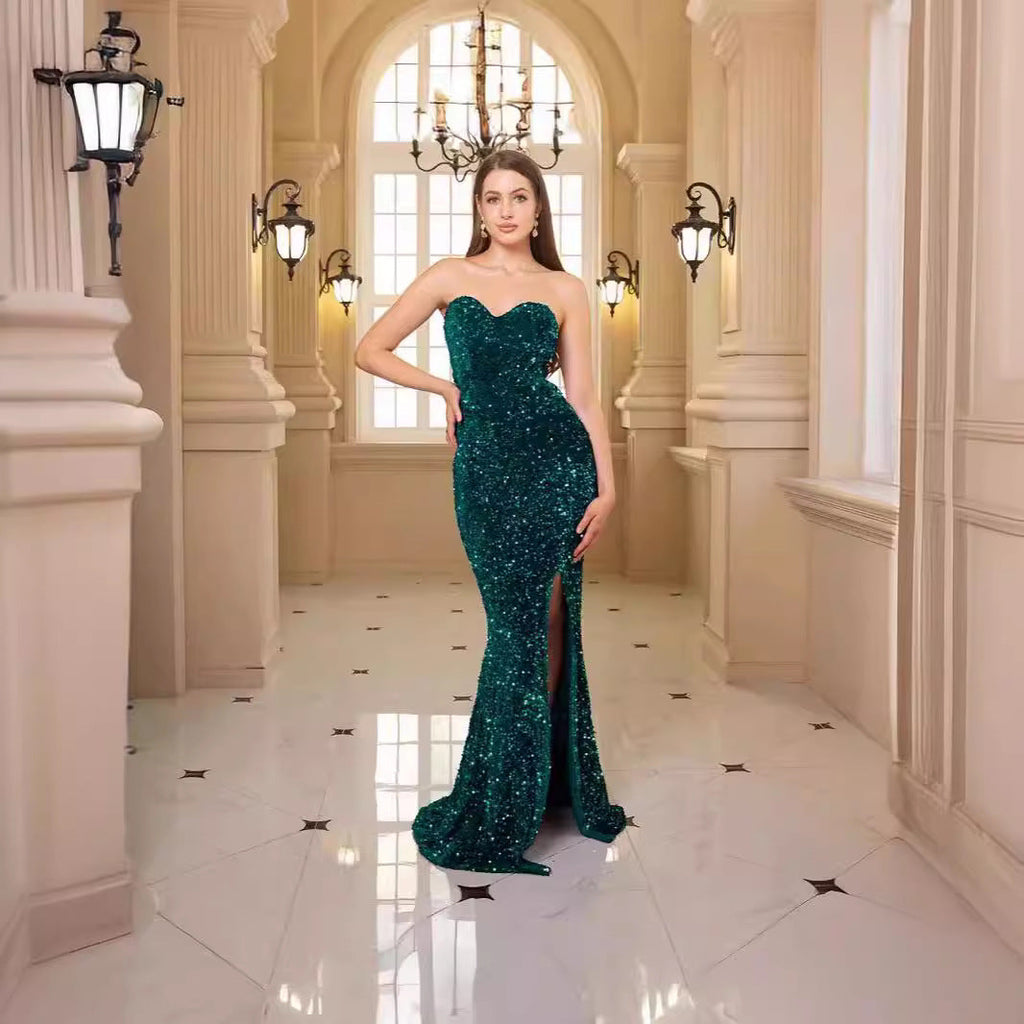 Vestido de noche de lentejuelas con escote en V profundo 