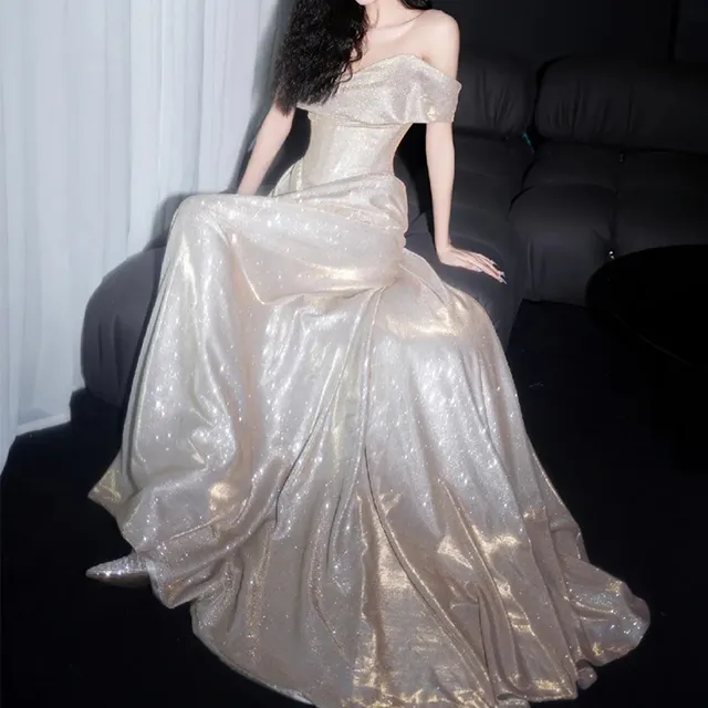 Vestido de noche largo de sirena brillante con hombros descubiertos Y8185