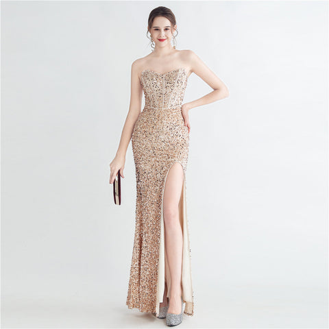 Colorful Sequin Lash Rope Chest Side Slit Tube Top Boning Corset Evening Dress