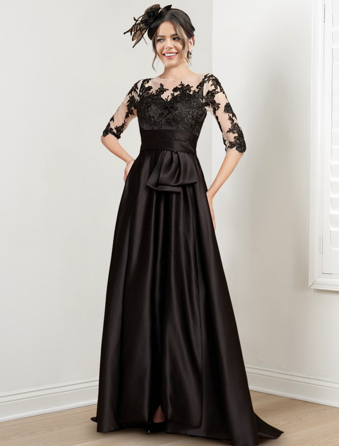 Vestidos de corte princesa/línea A para la madre de la novia con cuello joya y largo hasta el suelo 