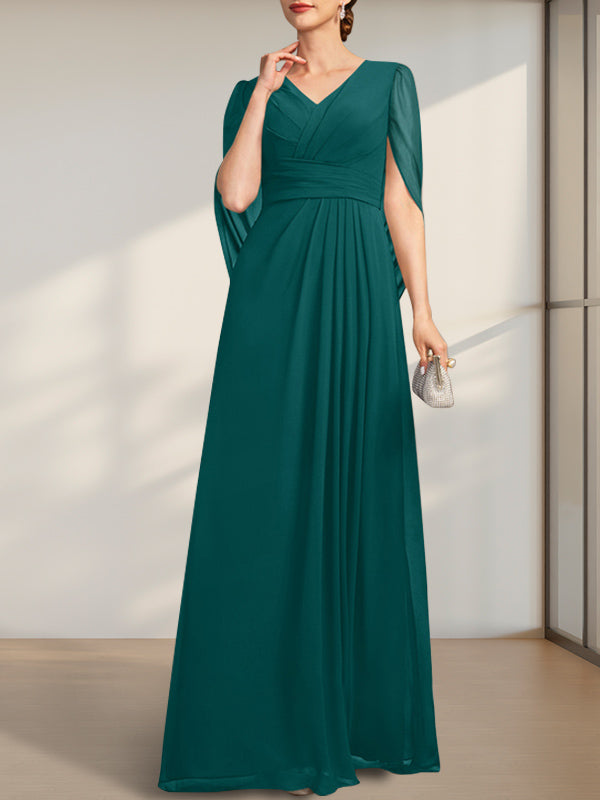 Robe de mère de la mariée en mousseline de soie, coupe trapèze, col en V, longueur au sol, avec plis.