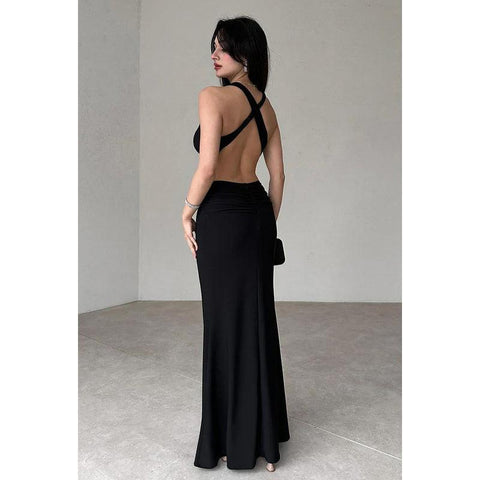 Vestido de fiesta sencillo e informal de corte tubo/columna, escote en V, sin mangas, estilo halter y tirantes cruzados