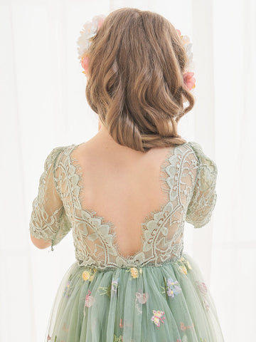 Vestido de niña de las flores color salvia con escote redondo, superficie de tela y tul (2003227581) 