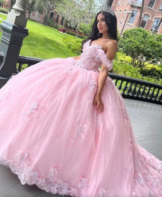Robe de bal rose en tulle pour Sweet 16, ornée d'appliques, robe de bal de fin d'année, robe de quinceañera Y7475