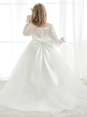 Vestido largo de tul y encaje color marfil, corte en A (2003227154) 