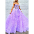 Vestido de noche de fiesta de graduación con escote en forma de A, de tul, sin tirantes y apliques con abertura lateral 