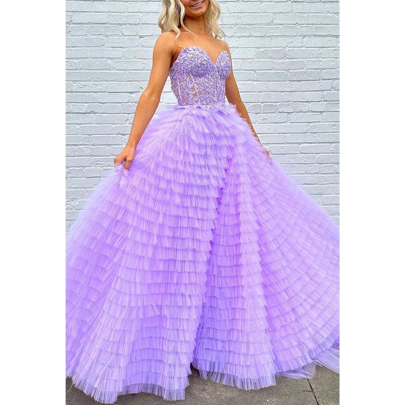 Vestido de noche de fiesta de graduación con escote en forma de A, de tul, sin tirantes y apliques con abertura lateral 