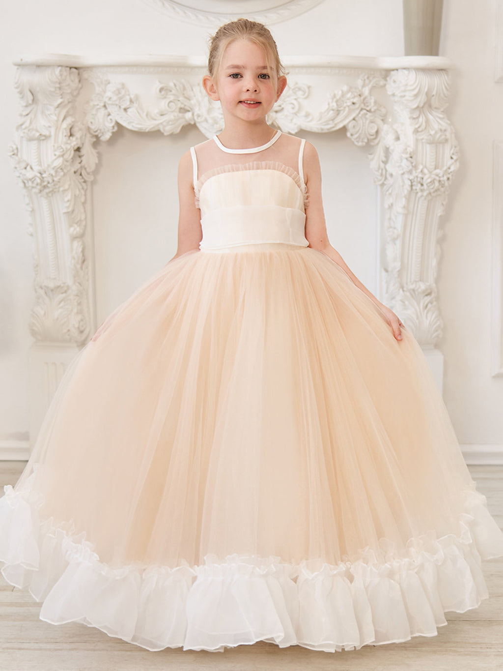 Vestido rosa de corte A, largo hasta el suelo, de tul y organza (010226975) 