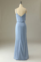 Vestido largo de dama de honor gris y azul con tirantes finos