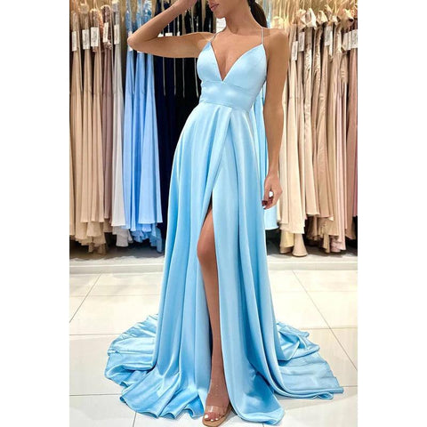 V-Neck Sheath/Column Satin Pleats Split Criss-Cross Straps Prom Dress