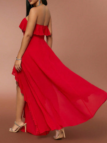 Red Ruffle  Tube Top V neck Flounce Backless Evening Dress