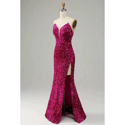 Vestido formal de noche con escote en V, lentejuelas, abertura, sin mangas y corte tubo/columna