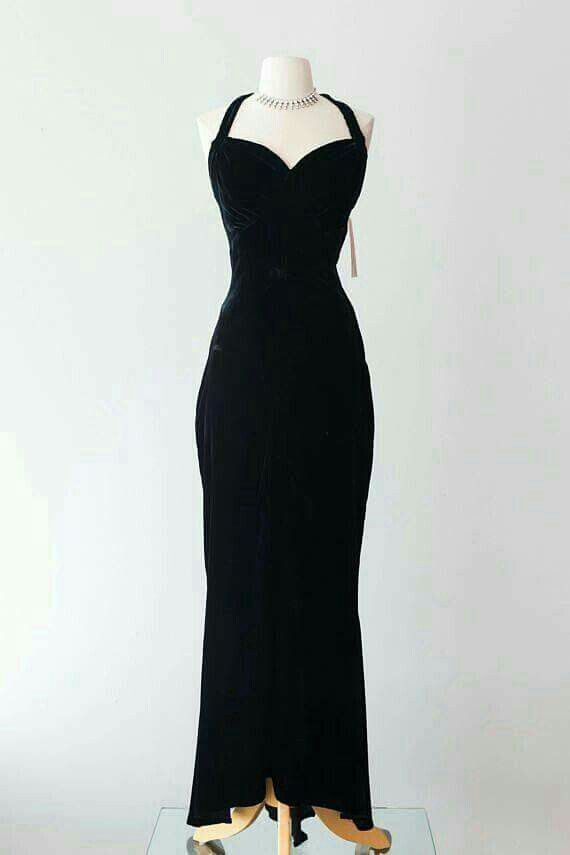Vestido de noche vintage de terciopelo negro, estilo años 30, escote halter, escote corazón Y4771