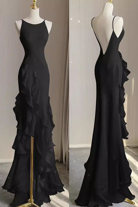 Robe de soirée noire sirène simple à volants, bretelles spaghetti, dos nu, modèle Y5652