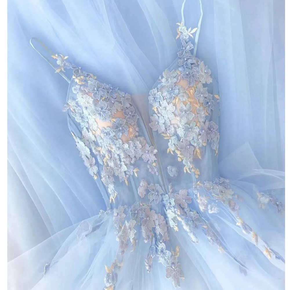 Vestidos de graduación azul celeste claro, vestidos de graduación con flores hechas a mano, vestidos de noche azul celeste claro Y4002