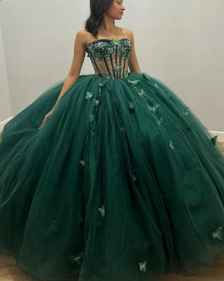 Vestido de baile de tul verde con mariposas, vestido para quinceañera, vestido verde Y2344