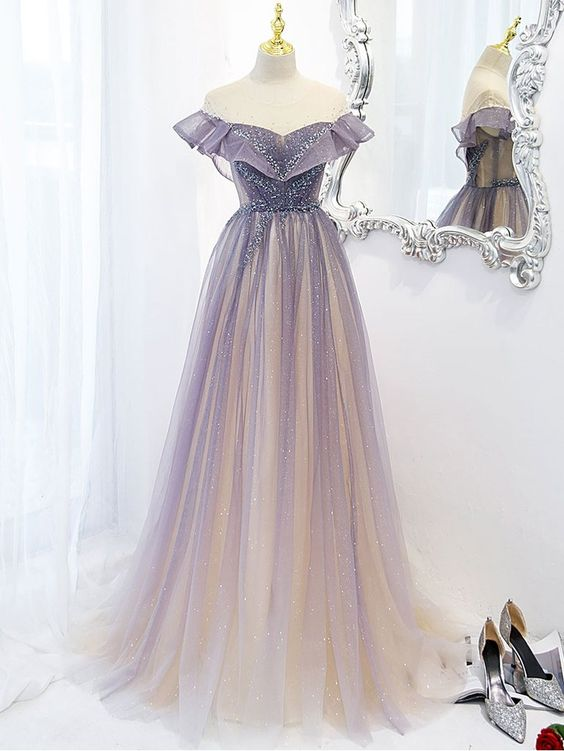 Vestidos de fiesta morados de corte A para mujer, vestidos largos de noche de tul Y5838
