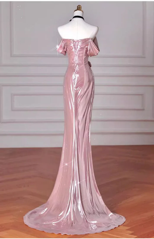 Elegante vestido largo de sirena con hombros descubiertos para fiesta de graduación, vestido rosa de cumpleaños/noche Y8068