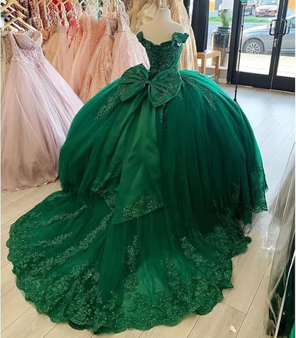 Vestido de quinceañera de tul y encaje con hombros descubiertos, vestido de baile con apliques verde oscuro Y4080