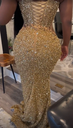 Vestido de noche de sirena con apliques de lentejuelas doradas de lujo Y7880
