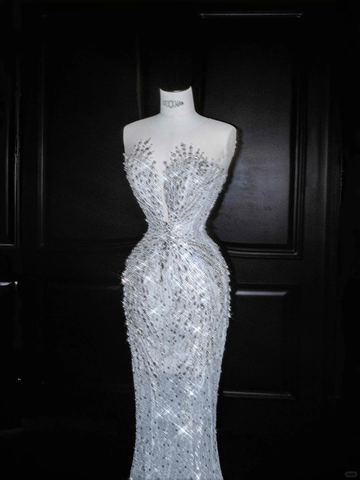 Romantic White Tulle Sequin Beaded Mermaid Wedding Dress,Long Prom Evening Dress  Y8667